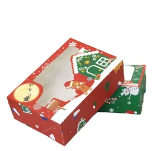 クリスマス包装箱ドーナツギフトケーキビスケットベーカリーボックス、クリアウィンドウホリデー用品、クリスマスリボン付きギフト用