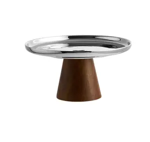 Stand rak <span class=keywords><strong>Display</strong></span> makanan penutup prasmanan, <span class=keywords><strong>Display</strong></span> kue, piring perak bulat dasar kayu Acacia - Product Image 1