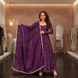 TENNECY Nueva Colección de Diseñador, Conjunto de Vestido y Dupatta de Chanderi Jacquard Butti para Mujer, Bordado, Completamente Cosido, Reversible, de Secado Rápido - Product Image 1