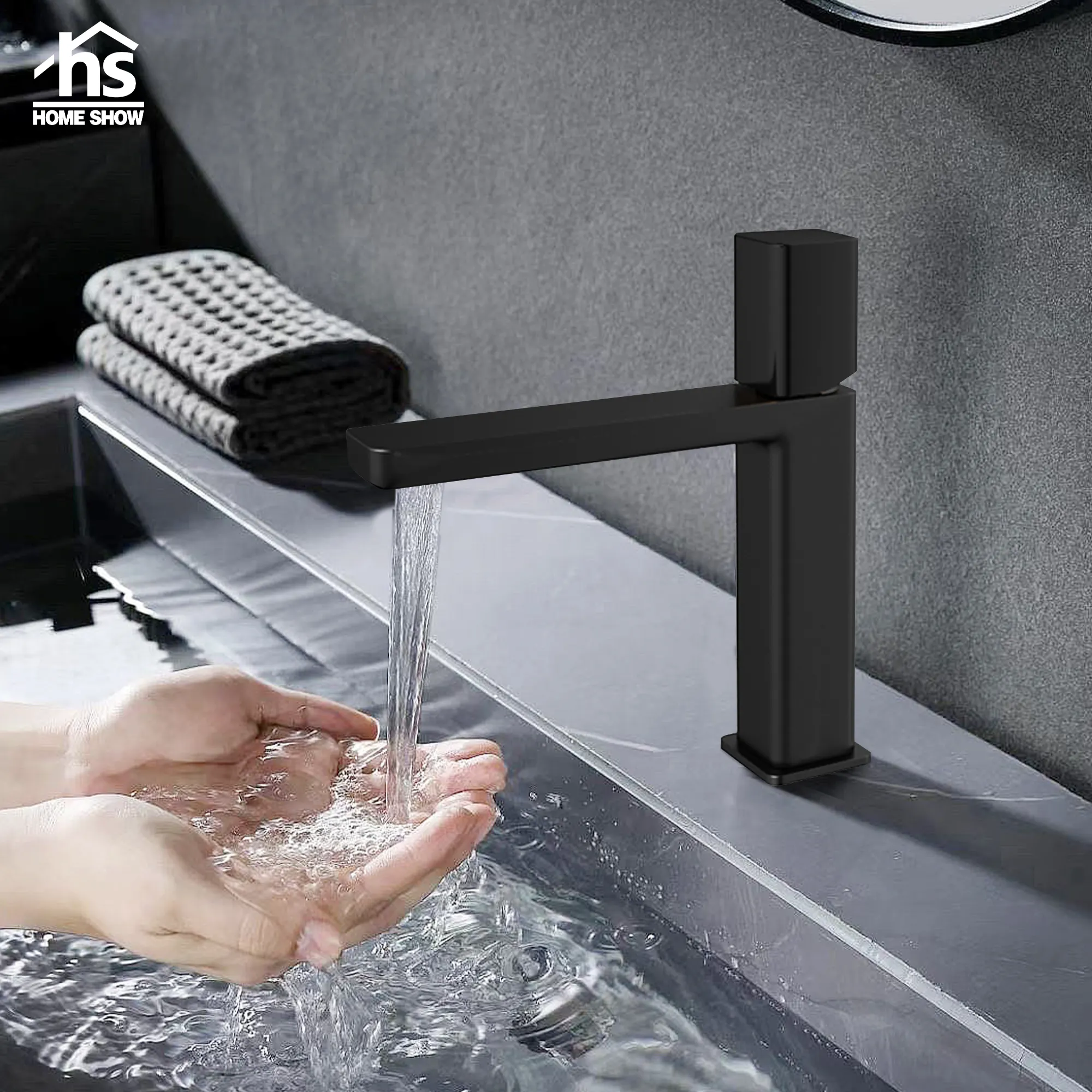 Bathroom Single Hole Brass Bathroom Vanity Washbasin Faucet Black Waterfall Faucet