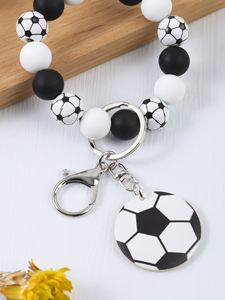New Sports Baseball Softball Silicone Bead <b>Wristlet</b> Keychain With Wood Chip Pu Leather Tassels Charms Game Day Bracelet Keyring - Product Image 1