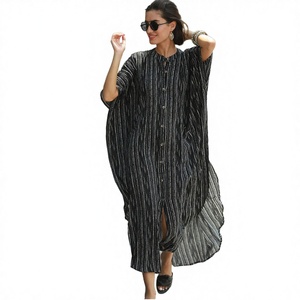Nuevo Estilo Africano, Traje de Baño Maxi Kaftan con Rayas Verticales Negras para Verano, con Cubrebaño, Tela de Rayón Tejida - Product Image 3