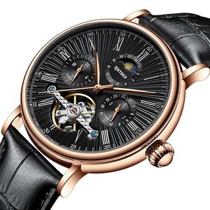Montres classiques pour hommes <span class=keywords><strong>KINYUED</strong></span>, montres mécaniques automatiques rétro, étanches, tourbillon, horloge, cuir véritable, montres à phases lunaires - Product Image 1