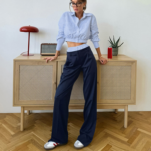 Set da Ufficio Personalizzato OEM per Donne Ispirato ai Designer, <span class=keywords><strong>Camicia</strong></span> Corta a Quadri Blu <span class=keywords><strong>e</strong></span> <span class=keywords><strong>Pantaloni</strong></span> Eleganti Blu Navy, <span class=keywords><strong>Completo</strong></span> Coordinato Due Pezzi - Product Image 1