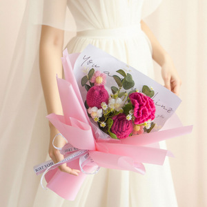 Bouquet de fleurs au crochet fait main DAMAI, roses, tulipes, œillets, décoration moderne pour anniversaire, mariage, Saint-Valentin - Product Image 3