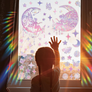 Autocollants statiques amovibles pour fenêtre, motif lune et étoiles de fée rose, écologiques, résistants à l'eau, 16x23 pouces - Product Image 1