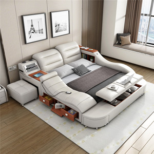 Luxury Bedroom Furniture Custom Multifunction Storage Leather King Size Smart Bed With Massage
