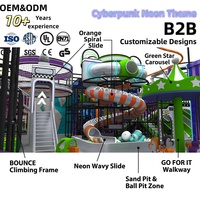 Équipement de terrain de jeu intérieur personnalisé, thème cyberpunk néon, toboggan en spirale, toboggan ondulé, portique WELCOME, carrousel, structure de saut et d'escalade |   OEM