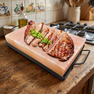 Plaque de cuisson en sel de l'Himalaya raffiné de qualité supérieure avec support en acier inoxydable, tuiles roses naturelles 30x20x5cm - Product Image 1