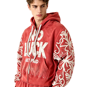 <span class=keywords><strong>Felpa</strong></span> con Cappuccio Rossa Vintage Personalizzata di Alta Qualità, con Zip Intera, Stile Streetwear, Maniche in Cotone con Strass e Bordi Grezzi, Effetto Lavato - Product Image 1