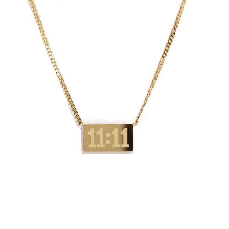 Hoge Kwaliteit Vrouwen Sieraden Rvs 18K Vergulde Cubaanse Ketting 11:11 Nummer Rechthoek Hanger Ketting