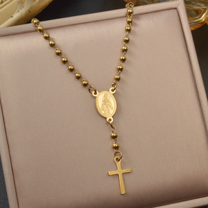 Conjunto de Joyería para Mujer, Chapado en Oro de 18K, Medalla Milagrosa Geométrica, Cadena de Mano Ajustable con Cuentas Ovaladas y Cruz, Acero Inoxidable 316L - Product Image 5