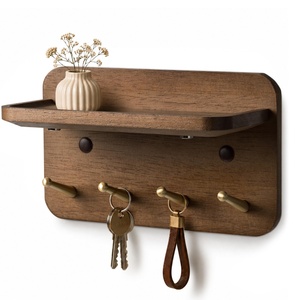Solid Wood <b>Key</b> Holder <b>Wall</b> Mount 4 Brass <b>Hooks</b> Hidden Magnets 15 Incline Grooved Design Prevents Slipping Vintage Brown - Product Image 1