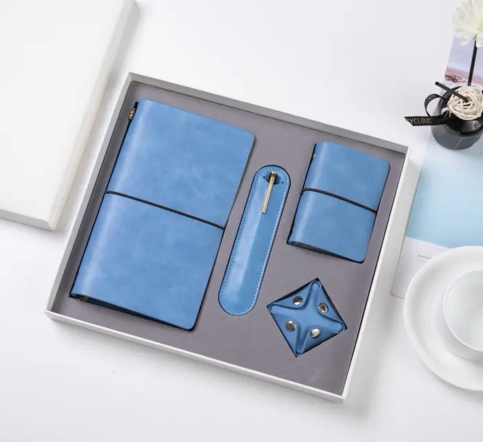 Özel logo sisli mavi el defter hediye kutusu, kart tutucu, kalem kutusu, bozuk para cüzdanı, not defteri ve kalem seti