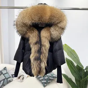 New Fashion Echte Waschbär Pelz Puffer Daunen jacke Lady Winter Bubble Jacke Plus Size Frauen Gänse daunen mantel