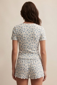 <strong>Women's</strong> Bamboo Fiber Floral Print Pajama Set Short Sleeve <strong>Henley</strong> <strong>Top</strong> with Ruffle Hem Shorts Loungewear Sleepwear - Product Image 3