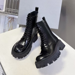 Black glossy leather thick-soled Martin <b>boots</b> with laces with leather straps for motorcycle wear women's mid-calf <b>boots</b> - Product Image 1