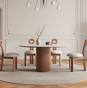 Set Tavolo e Sedie da Pranzo Minimalista <span class=keywords><strong>in</strong></span> <span class=keywords><strong>Legno</strong></span> Massello e Marmo, Convertibile ed Ecologico, con Finitura Crema e <span class=keywords><strong>Piano</strong></span> Rotondo per Casa e Hotel - Product Image 6