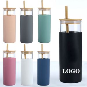 แก้วน้ำ แก้วน้ำทรงสูง ขวดน้ำดื่ม หลอดซิลิโคน ปลอกป้องกัน ฝาไม้ไผ่ - Product Image 1