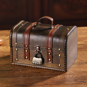 Retro Wooden Jewelry <b>Box</b> With Combination Lock Flip Top <b>Storage</b> For Cosmetics And Accessories - Product Image 1