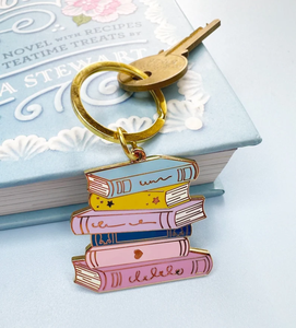Reading Time Stacked Books Gold Metal Hard Enamel Keychain Custom Logo Literary Bookish Alloy Key Charm for Wallet or Handbag