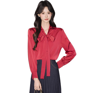 Red V-Neck Long Sleeve Tie Front Shirt For Office Women Solid Color Polyester Blouse Q6266 - Product Image 5