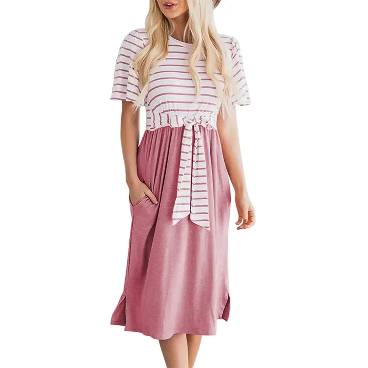 Women's Elegant Summer Striped Ruffle Sleeves Tie Waist Pockets Crew Neck Casual Swing Midi Dress