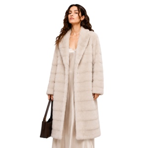 Manteau long de luxe en fausse fourrure de vison, coupe à panneaux horizontaux, revers blazer cranté, ceinture en fourrure assortie, faible MOQ, vente en gros - Product Image 1
