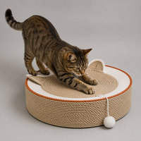 Tapis à gratter rond en sisal pour chat, tête de chat mignonne, 40 cm, en fibre de jute naturelle, avec jouet pompon pour chats