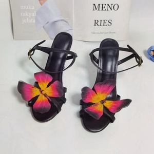 Women's Summer Outdoor Fashion Trend Open Toe Genuine Leather Butterfly Flower Buckle High <b>Heel</b> Roman Comfortable Pumps <b>Sandals</b> - Product Image 4