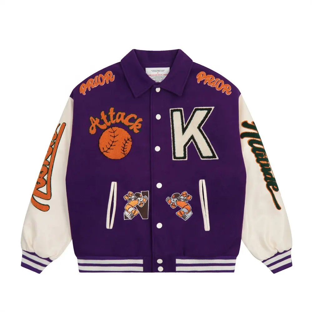 Custom High Quality Plus Size Letterman Jacket Men Woolen Baseball Leather Sleeves Chenille Patches Viscose Shell Single Pack