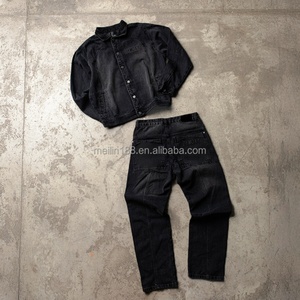 Factory Custom <b>Jean</b> Suit for <b>Men</b> Two Piece Set Button up Denim <b>Jackets</b> and <b>Jeans</b> Baggy Pants Vintage <b>Black</b> Denim Set - Product Image 2
