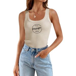 Camiseta sin mangas de LICRA de alta elasticidad con cuello en U en blanco personalizada para mujer, camiseta sin mangas de Color sólido ajustada acanalada - Product Image 6