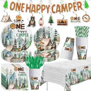 One Happy Camper 183-Piece Modern Birthday Party Supplies Includes Plates Napkins Cups Goodie Bags <b>Tablecloth</b> Banner Cutlery - Product Image 3