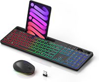 Clavier et souris sans fil 2,4 G silencieux, fin, pour jeux, avec rétroéclairage RVB, taille standard, combo, support pour tablette et téléphone, touches multimédias