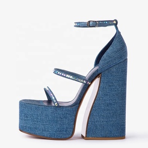 Mixed Rhinestone Denim <b>Sandals</b> Thick High Heel Thick Platform Summer Women's Dress Shoes Ankle Buckles Blue Pumps - Product Image 1