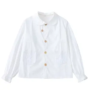 Bebobsons - Blusa feminina de algodão branco manga comprida, blusa com babado doce e babado, novidade original primavera feminina, top solto, novidade de moda feminina, 2024