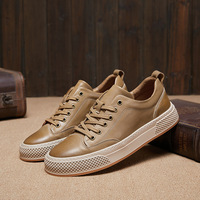 Chaussures décontractées basses pour hommes en cuir pleine fleur kaki, style rétro, à lacets, avec semelle en caoutchouc à grille absorbant les chocs, pour le quotidien et le bureau