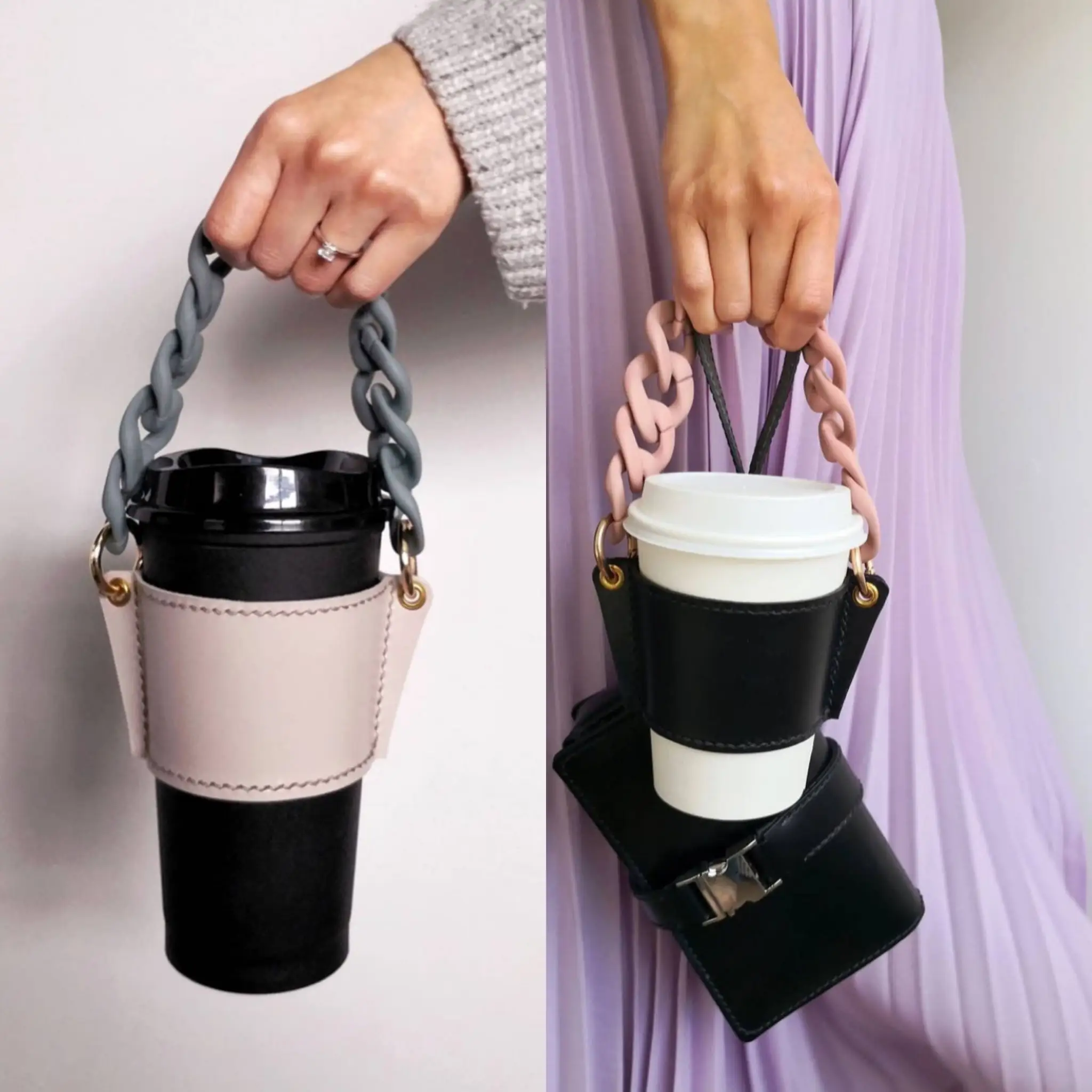 2021 Hot Handmade Coffee Cup Sleeve Holder Paper Glass Packaging Tea Cup with Acrylic Chain Strap Handle