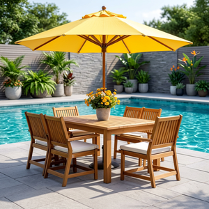 Backyard Garden Furniture Set with Wooden Dining <b>Table</b> Chairs Patio <b>Umbrella</b> and Minimalist Design for Courtyard-6 Seater - Product Image 2