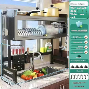 Scolapiatti da <span class=keywords><strong>Cucina</strong></span> <span class=keywords><strong>Salvaspazio</strong></span> a Doppio Strato con Coperchio Antipolvere e Antigoccia, Porta Pentole Superiore e Ganci Laterali per Utensili - Product Image 4
