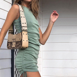 Vestido Mini de Verano para Mujer, Sin Mangas, Cuello Redondo, Color Sólido, Asimétrico, Fruncido, Transpirable, Ajustado a la Cadera, Falda Corta - Product Image 3