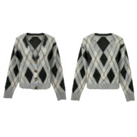 Cardigan en tricot Argyle d'hiver à col en V boutonné pour femme, motif losanges gris, noir et blanc