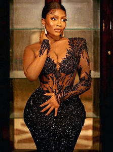 S1845L Vestido de Noche/Boda Negro de Encaje con Cuello Asimétrico, Espalda Descubierta, Ajustado, con Cuentas Brillantes y Cola, Ideal para Dropshipping - ¡Novedad! - Product Image 2