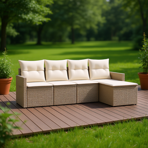Set Divano da Giardino in Rattan PE Beige, Arredamento Modulare da Esterno, Design Contemporaneo Confortevole con Cuscini in Schiuma ad Alta Densità - Product Image 2