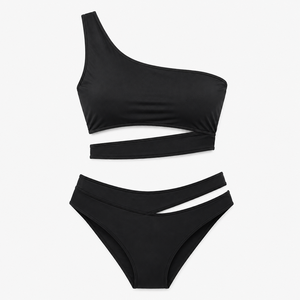 Ensemble de bikini asymétrique noir, maillot de bain découpé, deux pièces, haut de maillot de bain et bas taille haute - Product Image 3