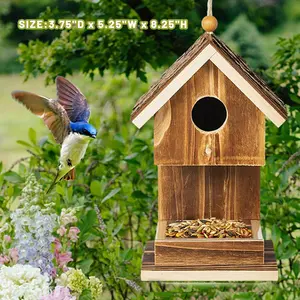 Solid Wood Bird's Nest Feeder Small Hummingbird House With Hanging Design For Outdoor Courtyard Garden Decor Pet Bowls Feeders