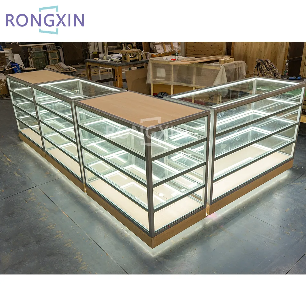 Mostrador de tienda personalizado Diseño de mesa Mostrador de tienda de vidrio Mostrador de recepción de vidrio de madera con luz LED
