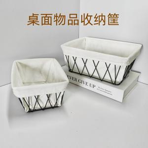 ตะกร้าเก็บของผ้าฝ้ายทรงสี่เหลี่ยมโครงเหล็กออแกไนเซอร์สำนักงานที่วางเครื่องสำอางบนโต๊ะสีขาวแบบตั้งพื้น RD232006 - Product Image 3