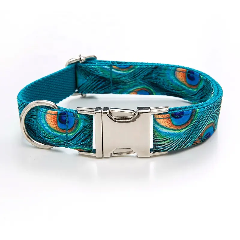 Collar de perro mascota de jugo personalizado suave y cómodo Collar de perro de sublimación azul Pavo Real ajustable de moda Popular